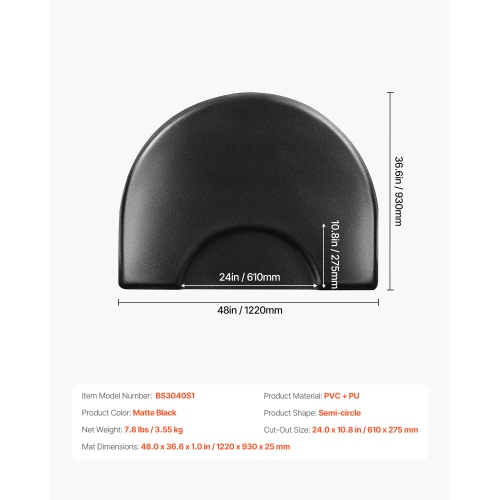 VEVOR 3 x 4 FT Salon Mat for Hair Stylist, Semi-circle, 1-inch Thickened Anti Fatigue Floor Mat with Round Cut Out, Easy-to-Clean PVC Surface &