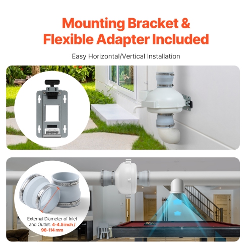 VEVOR 4-4.5 Inch Radon Fan Installation Kit, 260CFM Quiet Mitigation System, with 2 couplers, pressure indicator, Waterproof inline duct/exhaust fan