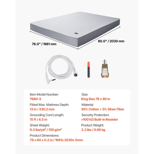VEVOR 78 x 80 x 13 in Grounding Sheets, King Size, 95% Cotton + 5% Pure Silver Fiber, Earth Grounded Fitted Bed Sheets, with Grounding Cord & Tester,