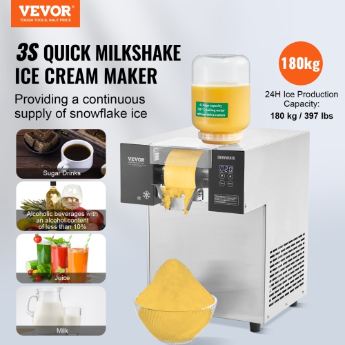 VEVOR 397LBS/24H Commercial Snowflake Ice Machine, Stainless Steel Ice Shaver Machine, Electric Snow Cone Maker, Air Cooling System for Rapid Heat