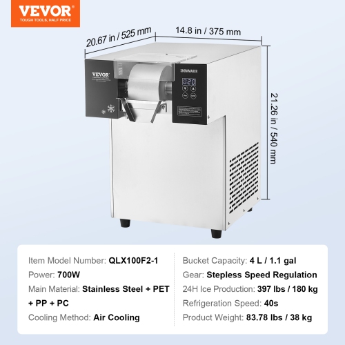 VEVOR 397LBS/24H Commercial Snowflake Ice Machine, Stainless Steel Ice Shaver Machine, Electric Snow Cone Maker, Air Cooling System for Rapid Heat