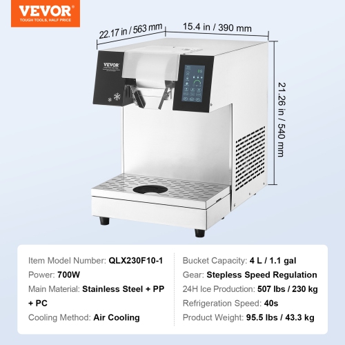 VEVOR 507LBS/24H Commercial Snowflake Ice Machine, Stainless Steel Ice Shaver Machine, Electric Snow Cone Maker, Air Cooling System for Rapid Heat
