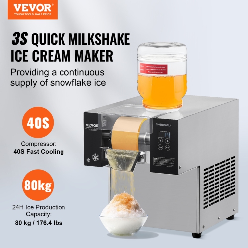 VEVOR 176.4LBS/24H Commercial Snowflake Ice Machine, Stainless Steel Ice Shaver Machine, Electric Snow Cone Maker, Air Cooling System for Rapid Heat