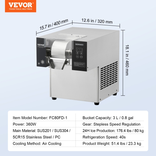 VEVOR 176.4LBS/24H Commercial Snowflake Ice Machine, Stainless Steel Ice Shaver Machine, Electric Snow Cone Maker, Air Cooling System for Rapid Heat