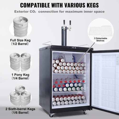 VEVOR Beer Kegerator, Dual Tap Draft, Full Size Keg Refrigerator With Shelves, CO2 Cylinder, Drip Tray & Rail, 32°F-75.2°F Temperature Control, Holds