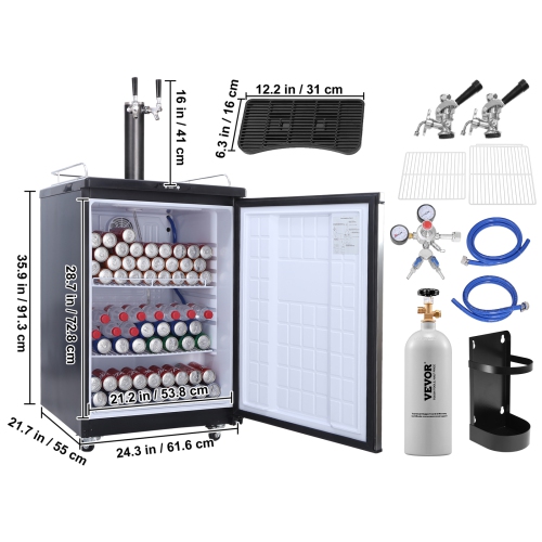 VEVOR Beer Kegerator, Dual Tap Draft, Full Size Keg Refrigerator With Shelves, CO2 Cylinder, Drip Tray & Rail, 32°F-75.2°F Temperature Control, Holds