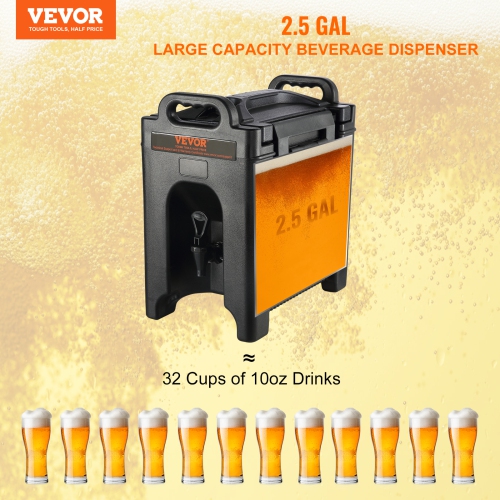 VEVOR Insulated Beverage Dispenser, 2.5 Gallon, Food-grade LDPE Hot and Cold Beverage Server, Thermal Drink Dispenser Cooler with 0.9 in PU Layer