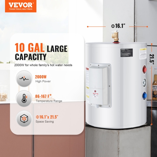 VEVOR 10 Gallon Electric Water Heater, Instant Hot Water Heater, 1.6Kw Tankless Water Heater w/ LED Display,Knob Control, IPX4 Waterproof Side