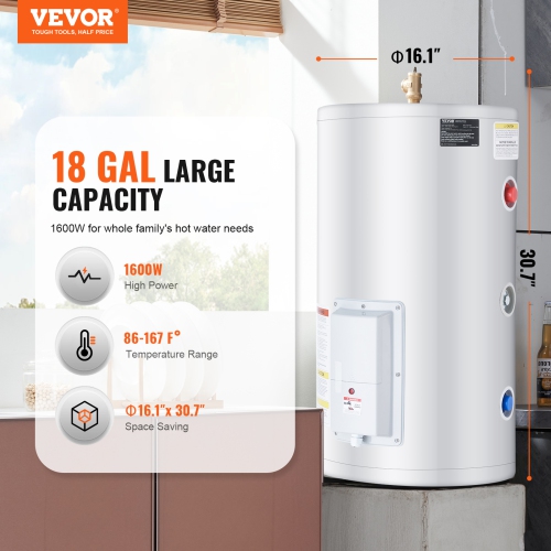 VEVOR Electric Water Heater, 18 Gallon Tank Instant Hot Water Heater, 1.6Kw Tankless Water Heater w/ LED Display,Knob Control, IPX4 Waterproof Side