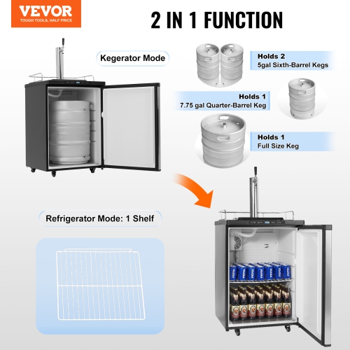 VEVOR 162L Beer Kegerator, Single Tap Draft Beer Dispenser, Full Size Keg Refrigerator With Shelf, CO2 Tank(No Gas), Drip Tray & Rail, 23°F- 82.4°F