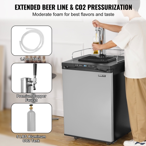 VEVOR 162L Beer Kegerator, Single Tap Draft Beer Dispenser, Full Size Keg Refrigerator With Shelf, CO2 Tank(No Gas), Drip Tray & Rail, 23°F- 82.4°F