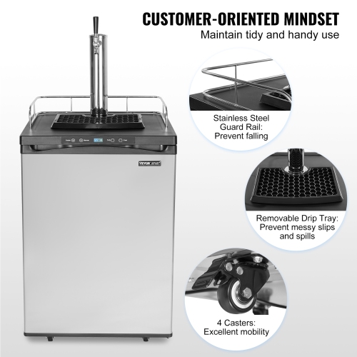 VEVOR 162L Beer Kegerator, Single Tap Draft Beer Dispenser, Full Size Keg Refrigerator With Shelf, CO2 Tank(No Gas), Drip Tray & Rail, 23°F- 82.4°F