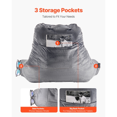 VEVOR 3 Pockets Reading Pillow, Large Size Bed Pillow with Shredded Memory Foam, Back Pillow with Washable Short Velvet Cloth, Top with Handle, for