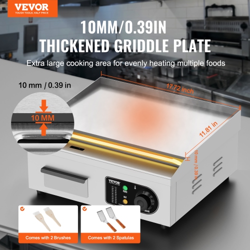 VEVOR 17.72x11.81x0.39 in Commercial Electric Griddle, 1700W Countertop Flat Top Grill, 122℉-572 ℉ Adjustable Temp, Stainless Steel Griddle Grill