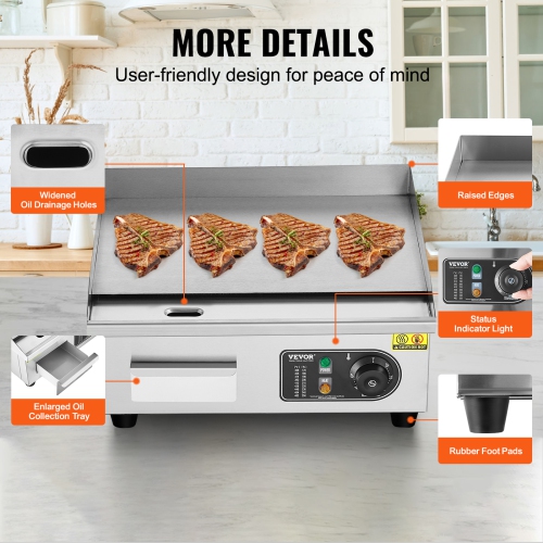 VEVOR 17.72x11.81x0.39 in Commercial Electric Griddle, 1700W Countertop Flat Top Grill, 122℉-572 ℉ Adjustable Temp, Stainless Steel Griddle Grill