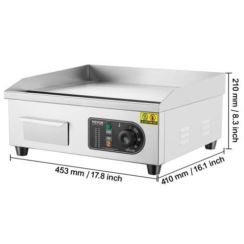 VEVOR 17.72x11.81x0.39 in Commercial Electric Griddle, 1700W Countertop Flat Top Grill, 122℉-572 ℉ Adjustable Temp, Stainless Steel Griddle Grill