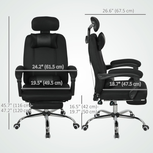 Fauteuil de direction Vinsetto, fauteuil de bureau ergonomique pivotant en filet à dossier haut avec appuie-tête et accoudoirs pivotants, soutien