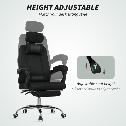Fauteuil de direction Vinsetto, fauteuil de bureau ergonomique pivotant en filet à dossier haut avec appuie-tête et accoudoirs pivotants, soutien