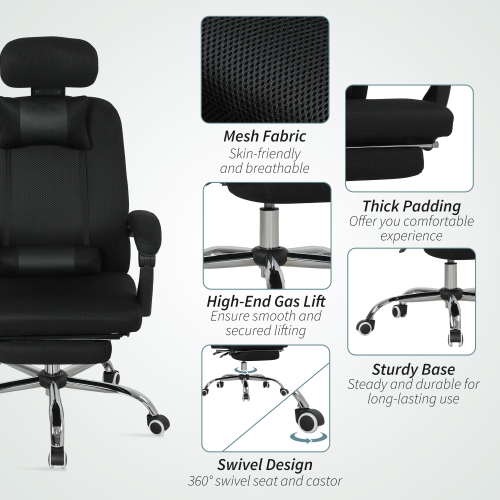 Fauteuil de direction Vinsetto, fauteuil de bureau ergonomique pivotant en filet à dossier haut avec appuie-tête et accoudoirs pivotants, soutien