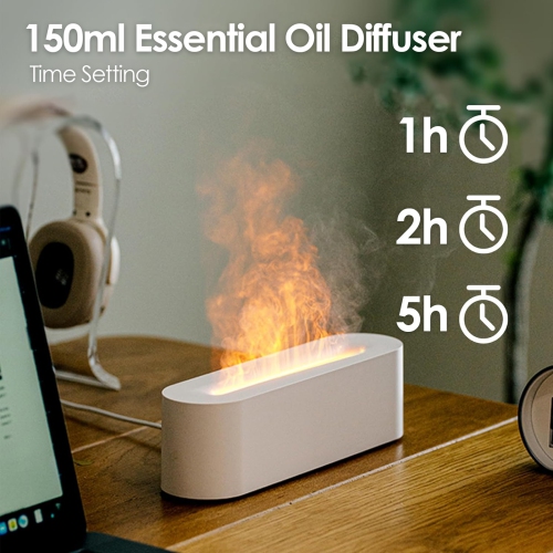 Essential Oil Diffuser with Fireplace Flame Effect, 150ml Cool Mist Humidifier, USB Rechargeable, 7 Color Lights (White)