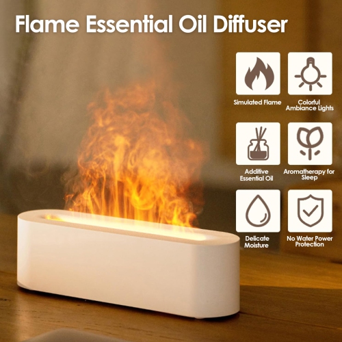 Essential Oil Diffuser with Fireplace Flame Effect, 150ml Cool Mist Humidifier, USB Rechargeable, 7 Color Lights (White)