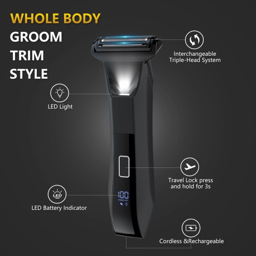 Men’s 3-in-1 Portable Hair Trimmer, Body Groomer with 3 Interchangeable Heads for Travel and Home
