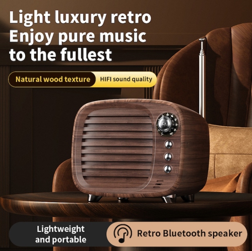 Haut-parleur radio FM Bluetooth rétro - Bluetooth 5,3, pile 2000&nbsp;mAh, temps de lecture 5 heures, design de boîte en bois de qualité supérieure -
