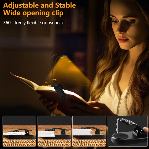 Book clip lamp reading desk lamp, study eye protection lamp, LED three-color lighting foldable night light USB charging - black round