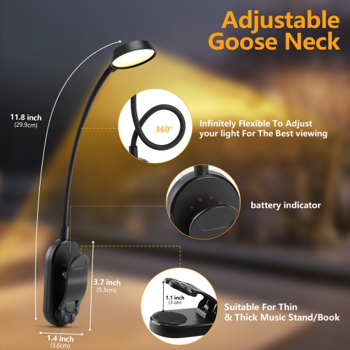 Book clip lamp reading desk lamp, study eye protection lamp, LED three-color lighting foldable night light USB charging - black round