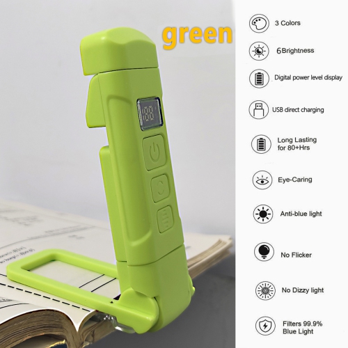 Eye protection LED charged display multifunctional reading book clip light, intelligent control night light, waterproof 9h continuous lighting - green