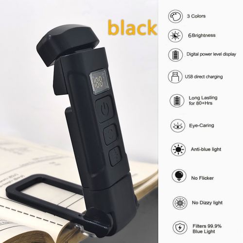 Eye protection LED charged display multifunctional reading book clip light, intelligent control night light, waterproof 9h continuous lighting - black
