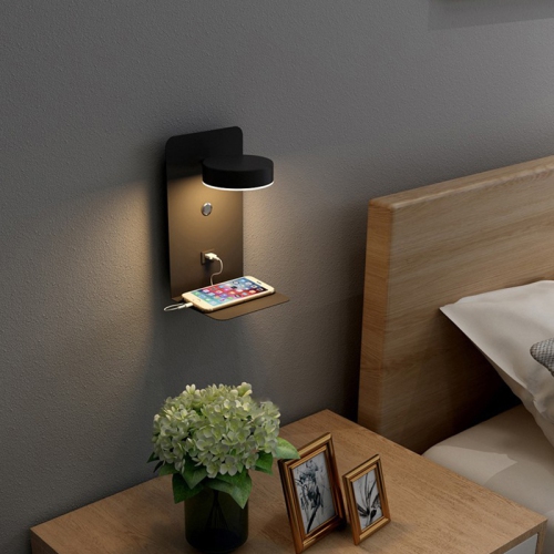 Lamp wall lamp bedroom bedside lamp, reading LED lamp without wiring, USB mobile phone charging variable color temperature, rotating lamp head - black