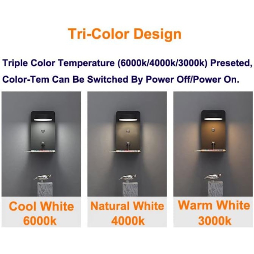 Lamp wall lamp bedroom bedside lamp, reading LED lamp without wiring, USB mobile phone charging variable color temperature, rotating lamp head - black