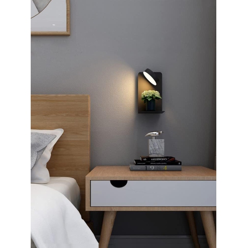 Lamp wall lamp bedroom bedside lamp, reading LED lamp without wiring, USB mobile phone charging variable color temperature, rotating lamp head - black