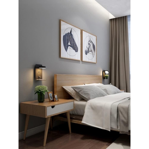 Lamp wall lamp bedroom bedside lamp, reading LED lamp without wiring, USB mobile phone charging variable color temperature, rotating lamp head - black