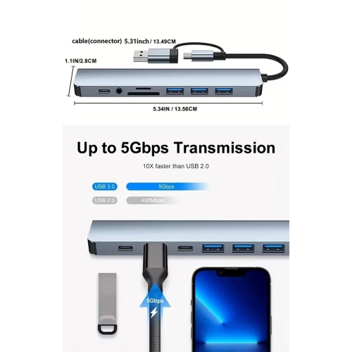 Type-C 8-in-1 dual-head docking station, Type-C multi-function SD card reader usbhub expansion hub