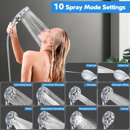 Filtered Shower Head, 10 Modes High Pressure Shower Heads with 59" Stainless Steel Hose, Multiple Filter Beads to Remove Chlorine