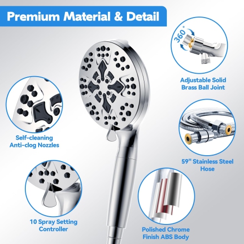 Filtered Shower Head, 10 Modes High Pressure Shower Heads with 59" Stainless Steel Hose, Multiple Filter Beads to Remove Chlorine