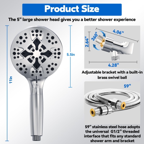 Filtered Shower Head, 10 Modes High Pressure Shower Heads with 59" Stainless Steel Hose, Multiple Filter Beads to Remove Chlorine
