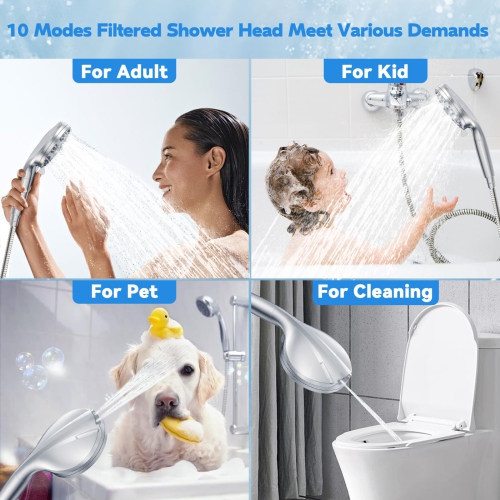 Filtered Shower Head, 10 Modes High Pressure Shower Heads with 59" Stainless Steel Hose, Multiple Filter Beads to Remove Chlorine