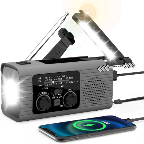 Solar hand-crank emergency radio, mobile phone power bank + LED light, FMAM radio, outdoor camping equipment