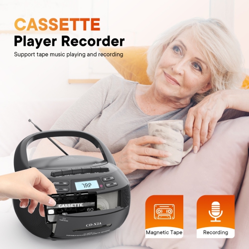 Portable CD player with speaker, cassette player with Bluetooth, FM radio, USB/MP3 playback, LCD display, remote control, cassette recording