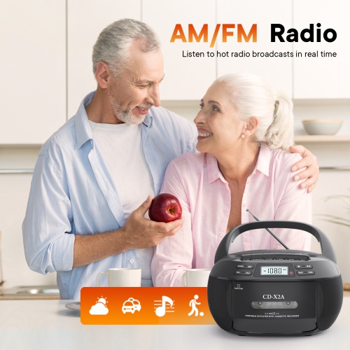 Portable CD player with speaker, cassette player with Bluetooth, FM radio, USB/MP3 playback, LCD display, remote control, cassette recording