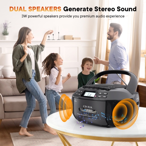 Portable CD player with speaker, cassette player with Bluetooth, FM radio, USB/MP3 playback, LCD display, remote control, cassette recording