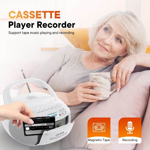 Lecteur de CD portatif avec haut-parleur, lecteur de cassettes Bluetooth, radio FM, lecture USB/MP3, écran LCD, télécommande, enregistrement cassette