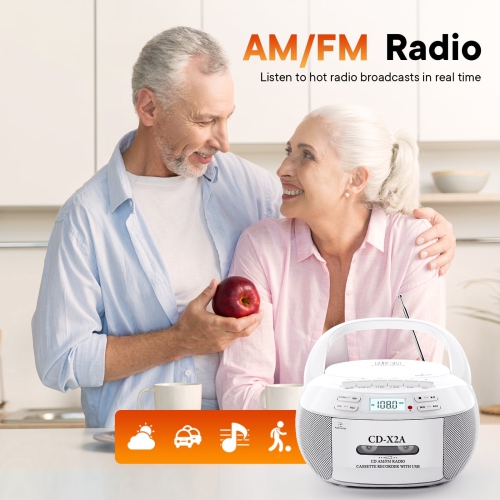 Lecteur de CD portatif avec haut-parleur, lecteur de cassettes Bluetooth, radio FM, lecture USB/MP3, écran LCD, télécommande, enregistrement cassette