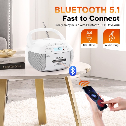 Lecteur de CD portatif avec haut-parleur, lecteur de cassettes Bluetooth, radio FM, lecture USB/MP3, écran LCD, télécommande, enregistrement cassette