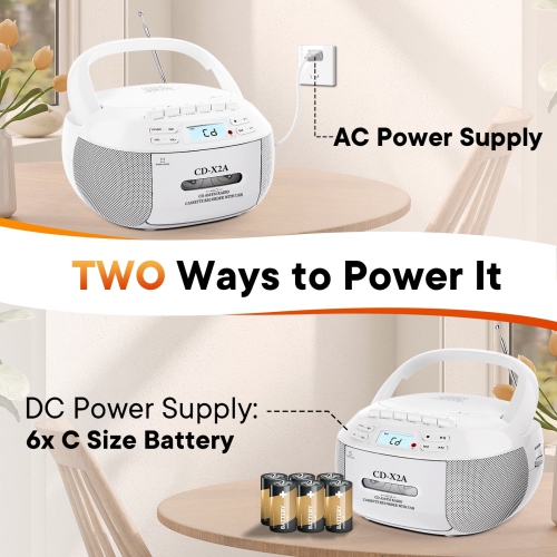 Lecteur de CD portatif avec haut-parleur, lecteur de cassettes Bluetooth, radio FM, lecture USB/MP3, écran LCD, télécommande, enregistrement cassette