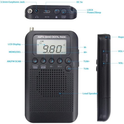 AM portatif ​​Radio FM de poche, mini radio stéréo personnelle avec syntonisation numérique, écouteurs, alarme et minuterie, idéal pour la marche, la