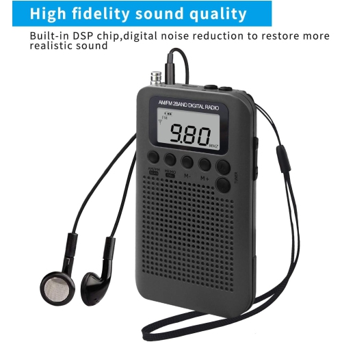 AM portatif ​​Radio FM de poche, mini radio stéréo personnelle avec syntonisation numérique, écouteurs, alarme et minuterie, idéal pour la marche, la